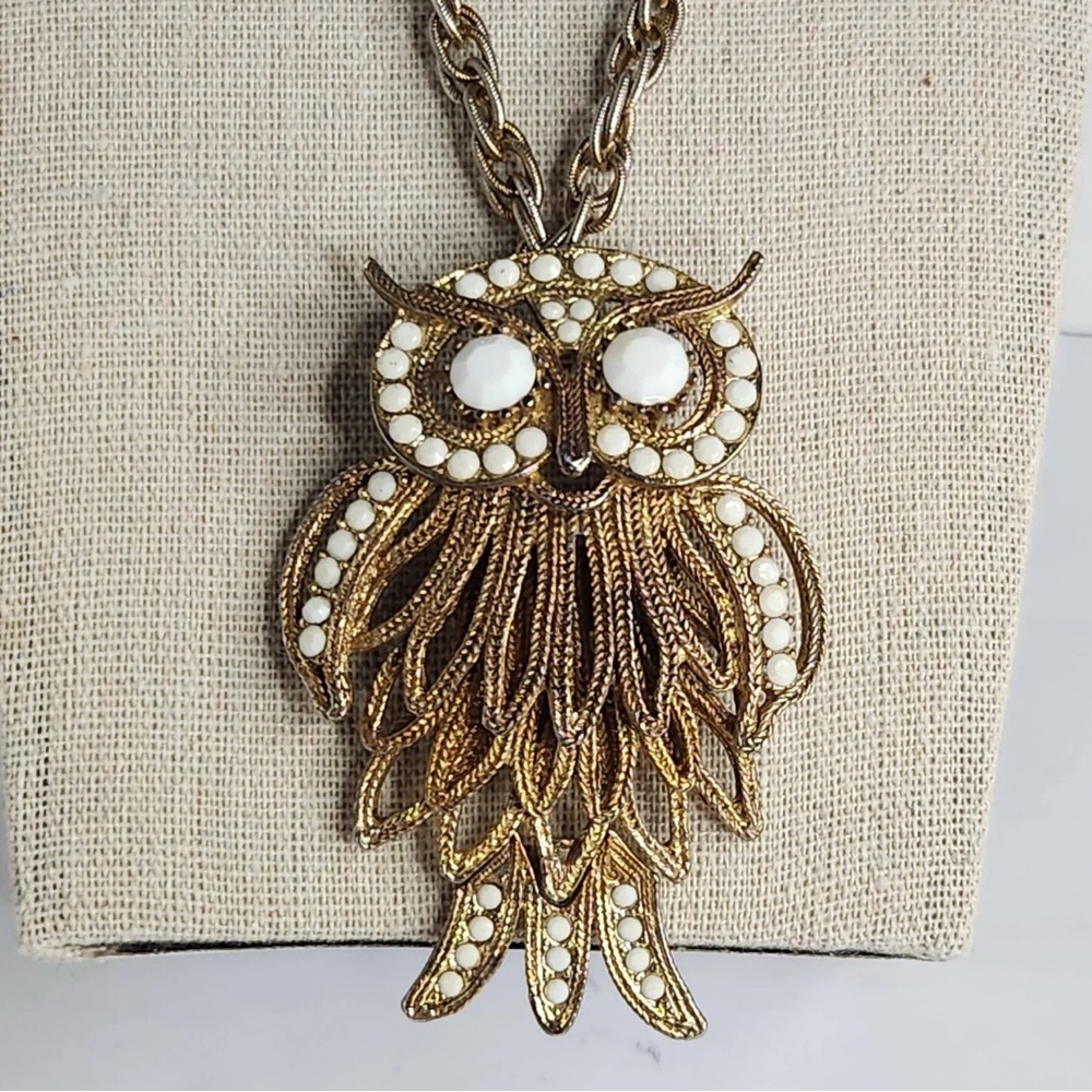 Vintage Owl Pendant Necklace Gold Tone Chain Articulated Eyes White Cabochons